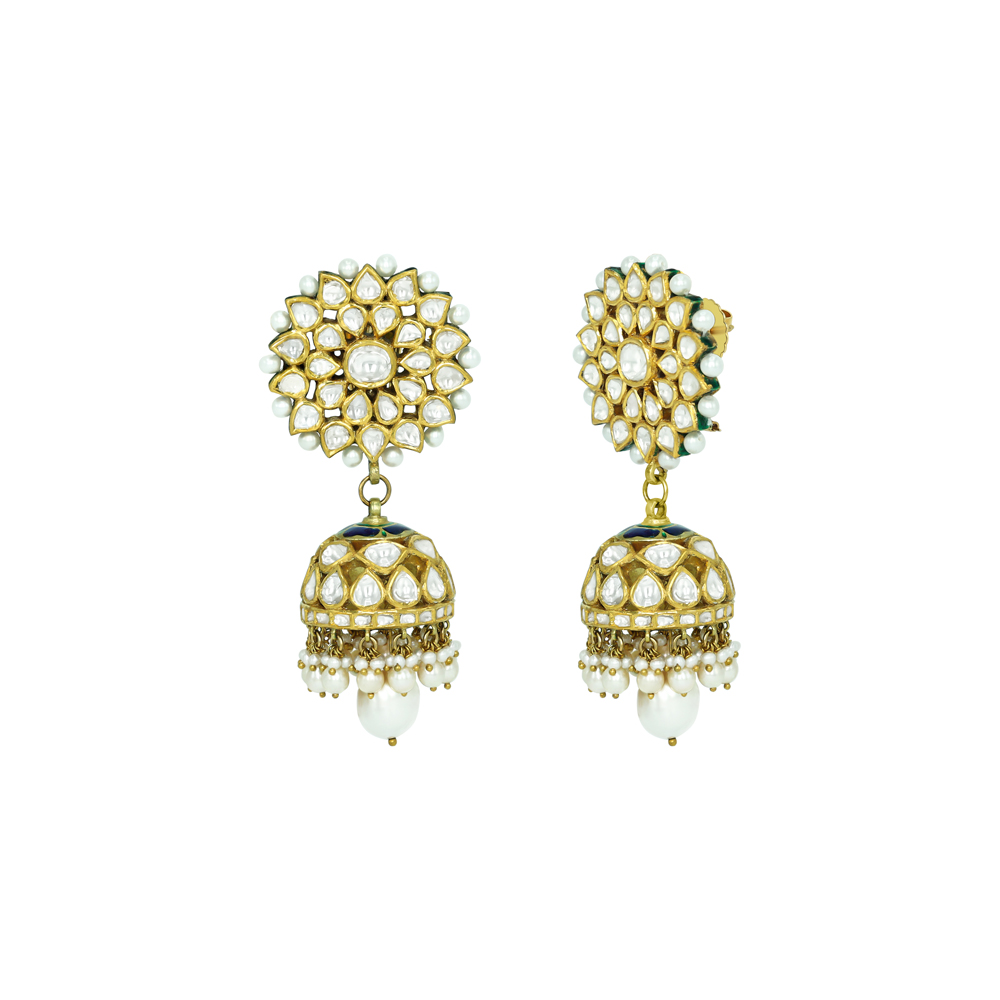 Floral Polki Jhumkas with Pearl Tassels and Dome Design